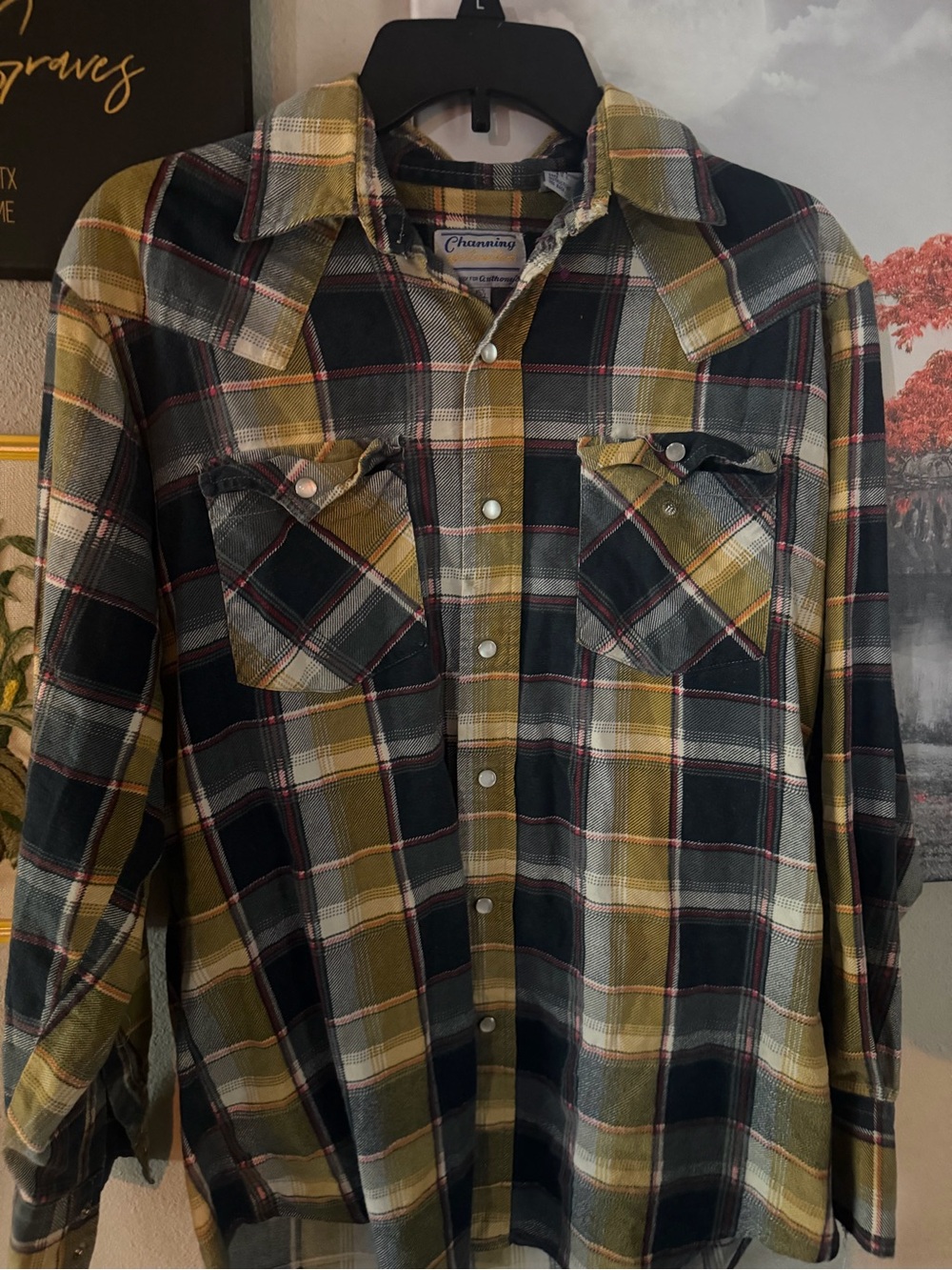 Men’s Olive & Black Plaid Channing western wear pearl snap Shirt